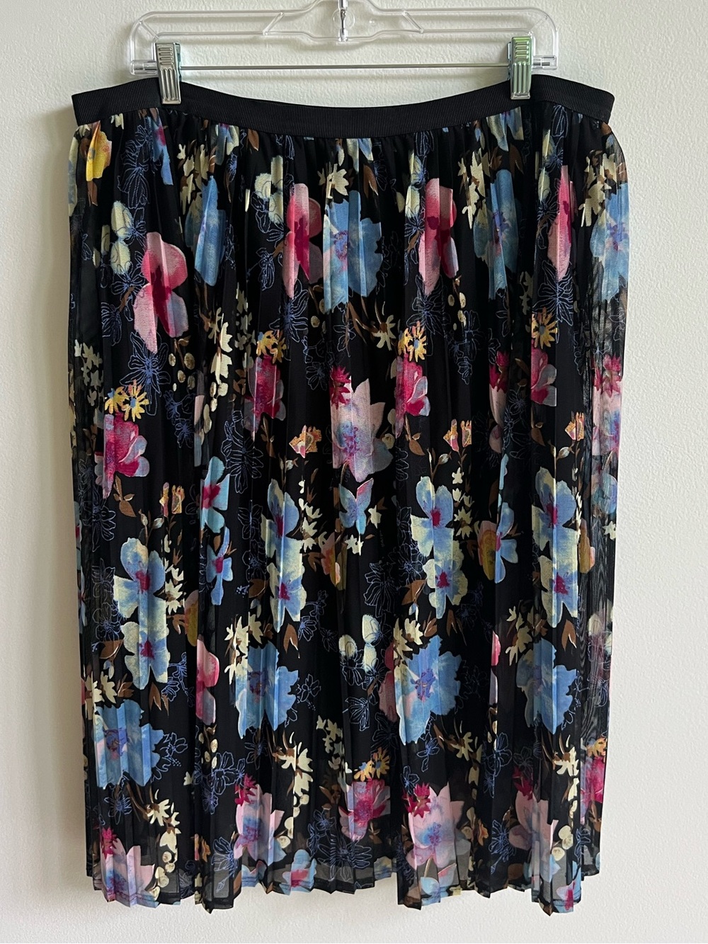 AVA & VIV 1X Plus Black Floral Pleated Midi Skirt Sheer Overlay Whimsigoth Fairy